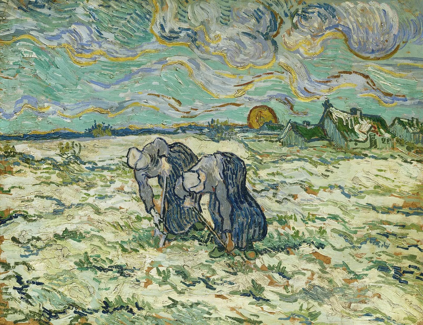 Two Peasant Women Digging in Field with Snow (1890) by Vincent van Gogh — original painting reproduced as a hand-painted oil on canvas