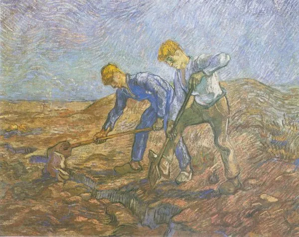 Two Peasants Digging (1889) by Vincent van Gogh — original painting reproduced as a hand-painted oil on canvas