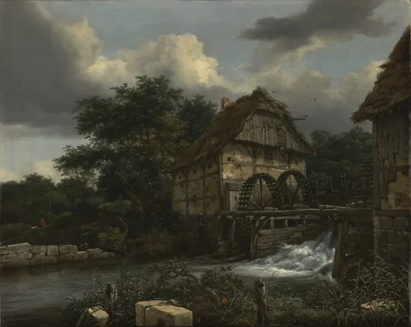 Two Watermills and an Open Sluice (1653) by Jacob van Ruisdael — original painting reproduced as a hand-painted oil on canvas