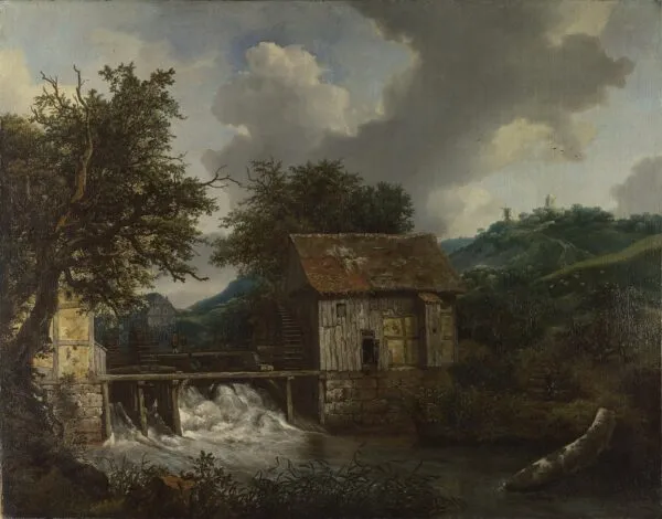 Two Watermills and an Open Sluice near Singraven (1650) by Jacob van Ruisdael — original painting reproduced as a hand-painted oil on canvas