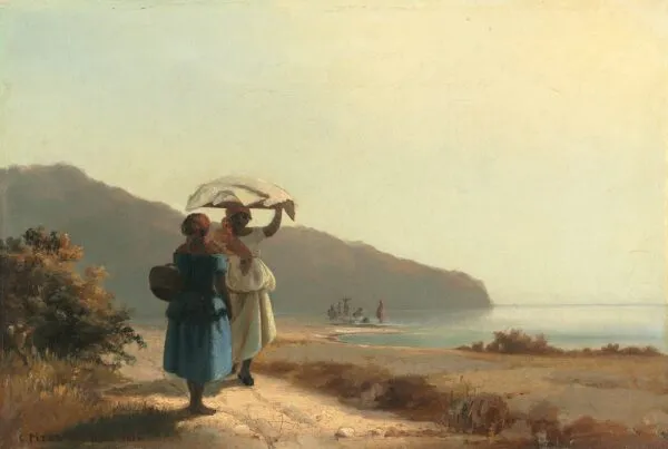 Two Women Chatting by the Sea, St. Thomas (1856) by Camille Pissarro — original painting reproduced as a hand-painted oil on canvas