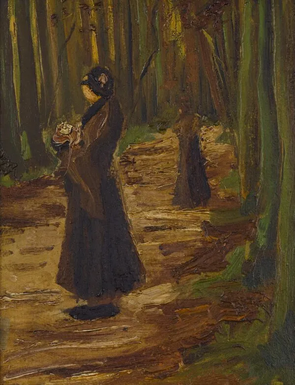 Two Women in the Woods (1882) by Vincent van Gogh — original painting reproduced as a hand-painted oil on canvas
