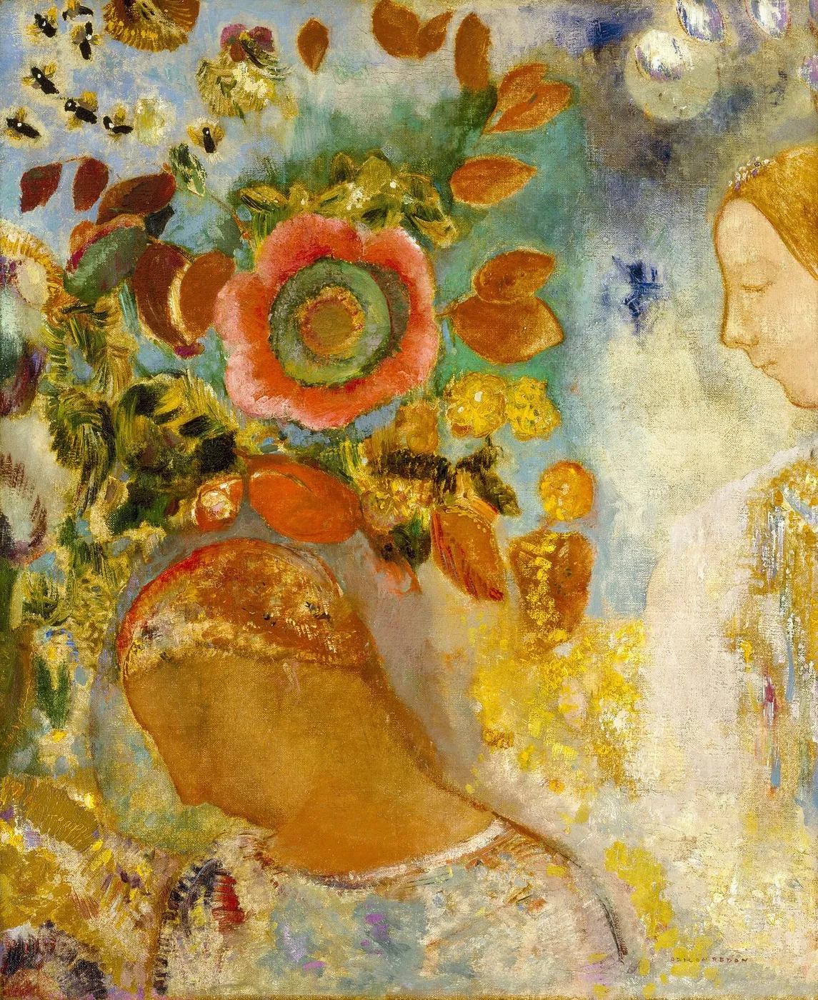 Two Young Girls among Flowers (1912) by Odilon Redon — original painting reproduced as a hand-painted oil on canvas