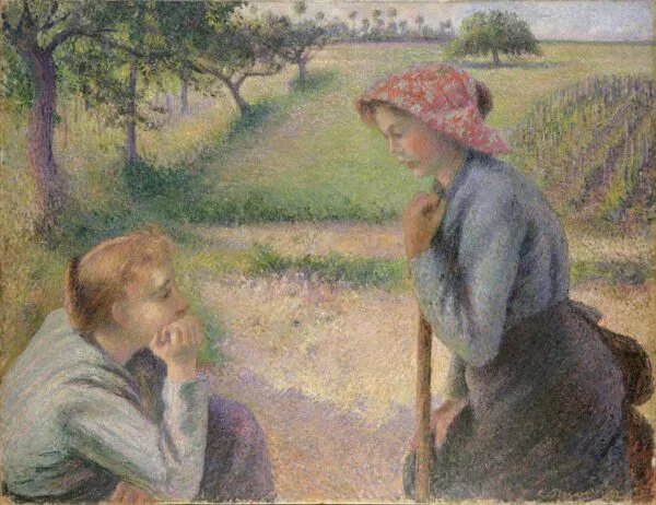 Two Young Peasant Women (1890) by Camille Pissarro — original painting reproduced as a hand-painted oil on canvas