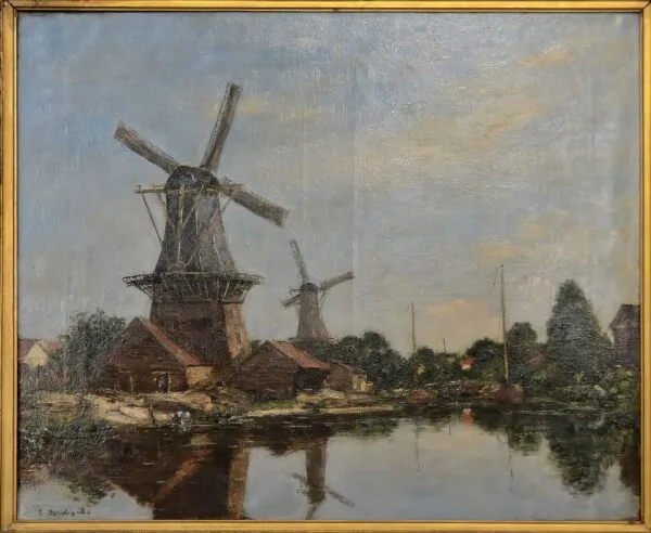 Un Moulin en Hollande (1884) by Eugène Louis Boudin — original painting reproduced as a hand-painted oil on canvas