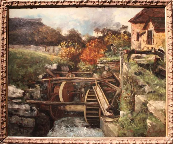 Une papeterie à Ornans (1865) by Gustave Courbet — original painting reproduced as a hand-painted oil on canvas