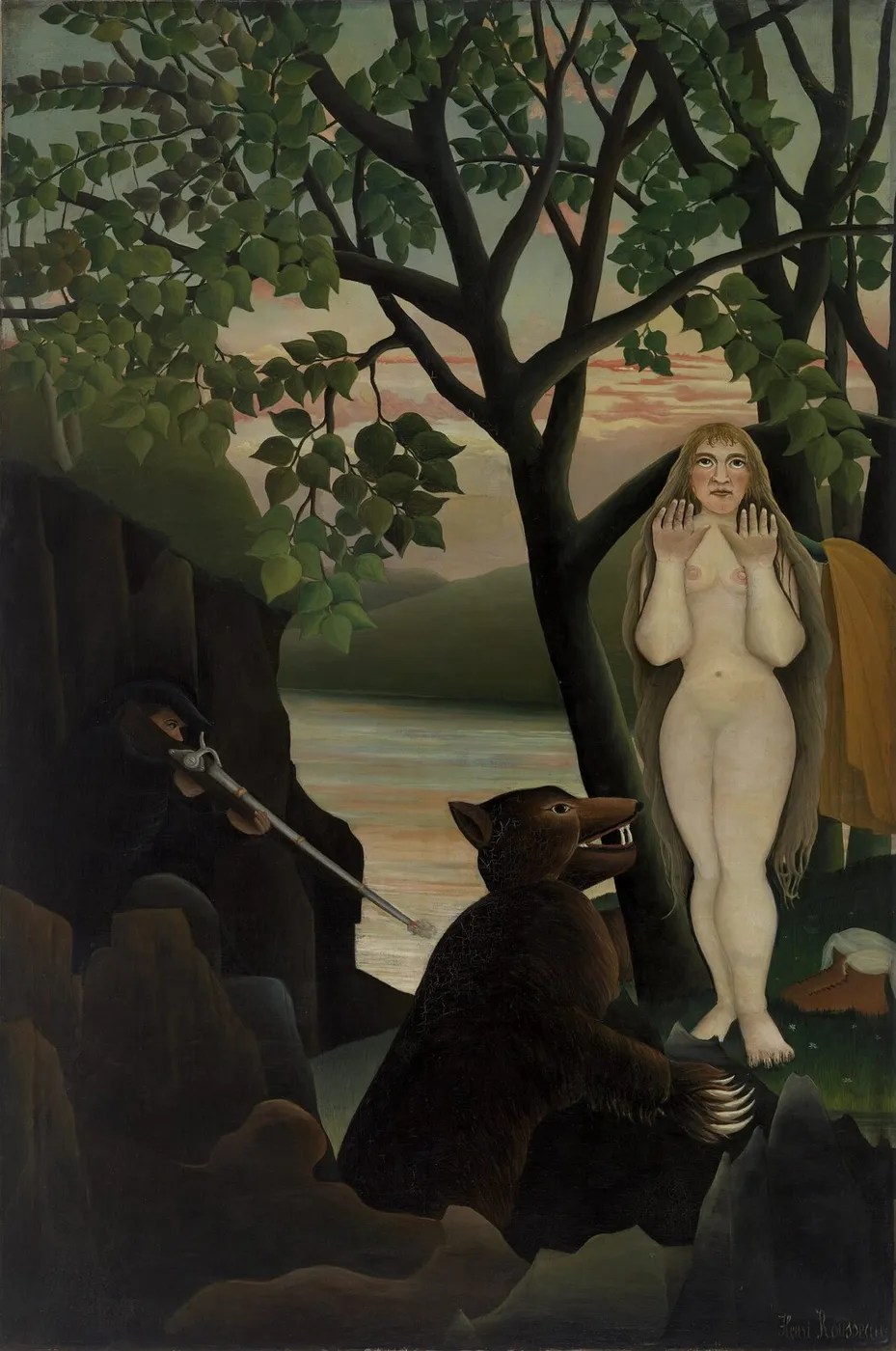 Unpleasant Surprise (Mauvaise surprise) (1901) by Henri Rousseau — original painting reproduced as a hand-painted oil on canvas