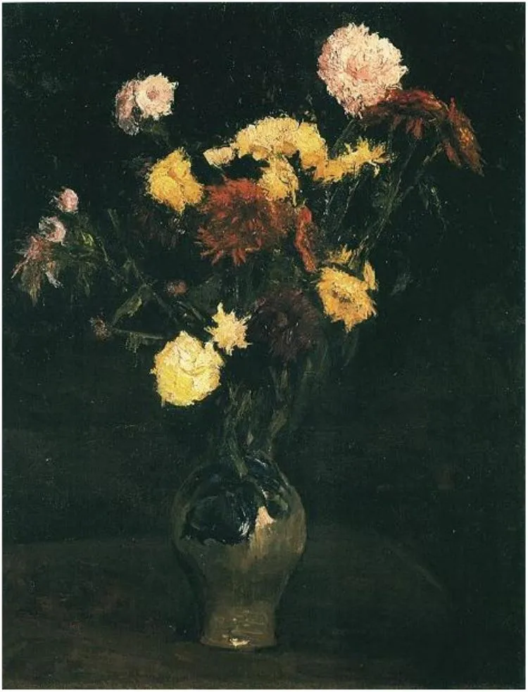 Vase with Carnations and Zinnias (1886) by Vincent van Gogh — original painting reproduced as a hand-painted oil on canvas