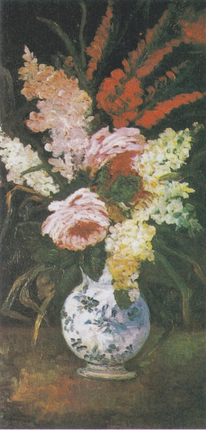 Vase with Gladioli and Lilac (1886) by Vincent van Gogh — original painting reproduced as a hand-painted oil on canvas