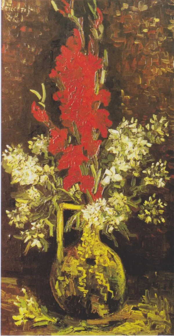 Vase with Red and White Flowers (1886) by Vincent van Gogh — original painting reproduced as a hand-painted oil on canvas