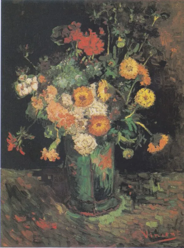 Vase with Zinnias and Geraniums (1886) by Vincent van Gogh — original painting reproduced as a hand-painted oil on canvas