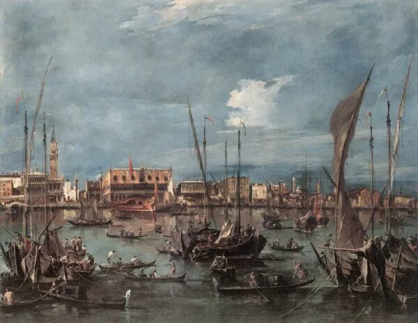 Venice from the Bacino di San Marco (1765) by Francesco Guardi — original painting reproduced as a hand-painted oil on canvas