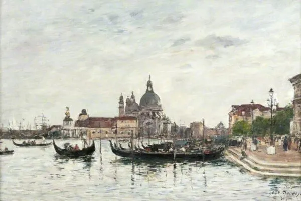 Venice: Santa Maria della Salute and the Dogana Seen from across the Grand Canal (1895) by Eugène Louis Boudin — original painting reproduced as a hand-painted oil on canvas