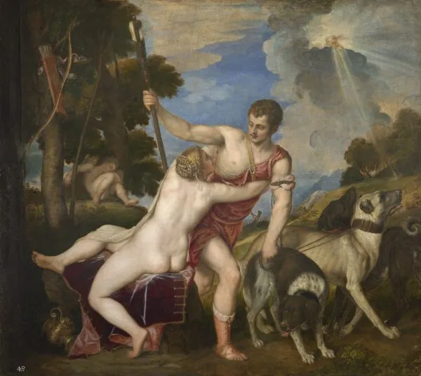 Venus and Adonis (1554) by Titian — original painting reproduced as a hand-painted oil on canvas