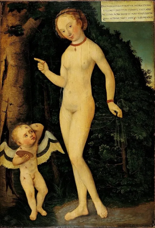 Venus and Cupid, the Honey Thief (1535) by Lucas Cranach the Elder — original painting reproduced as a hand-painted oil on canvas
