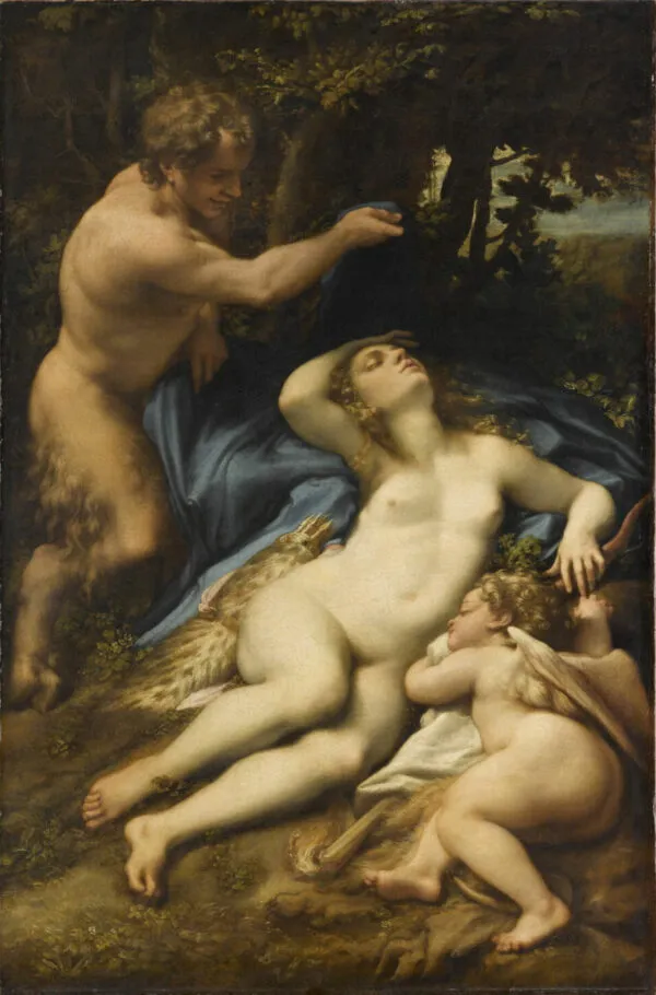 Venus and Cupid with a Satyr (1526) by Antonio da Correggio — original painting reproduced as a hand-painted oil on canvas