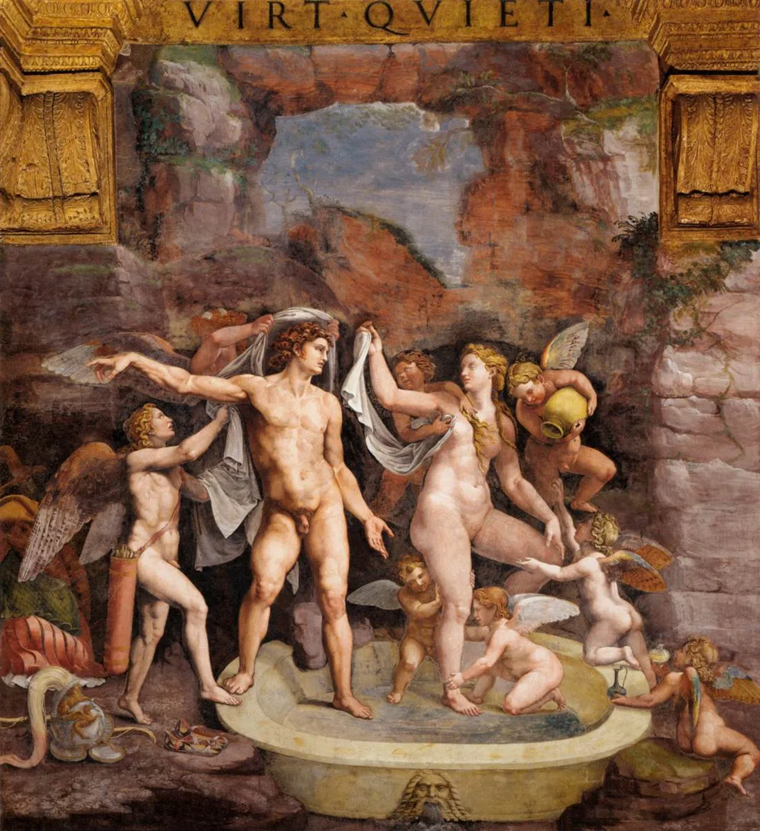 Venus and Mars bathing (1600) by Giulio Romano — original painting reproduced as a hand-painted oil on canvas