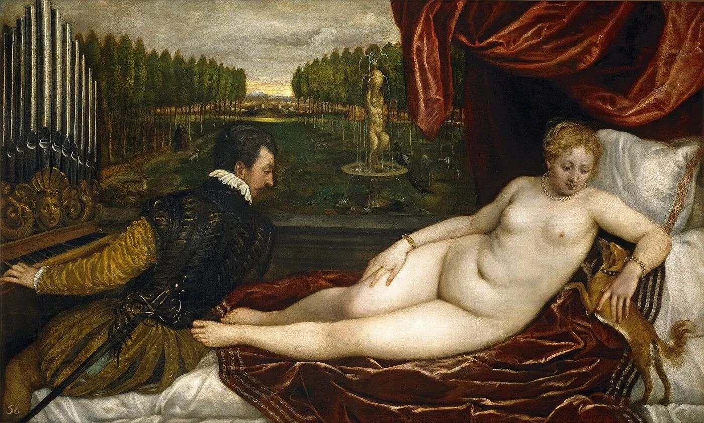 Venus and Music (1550) by Titian — original painting reproduced as a hand-painted oil on canvas