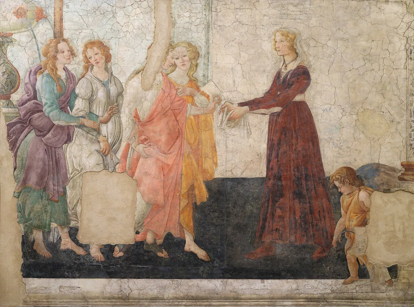 Venus and the Three Graces Presenting Gifts to Giovanna degli Albizzi (1484) by Sandro Botticelli — original painting reproduced as a hand-painted oil on canvas