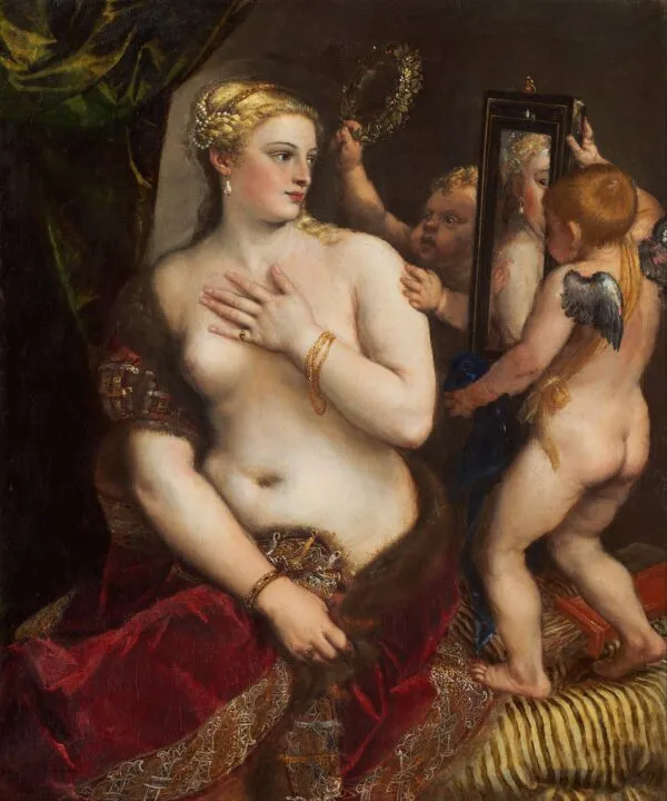 Venus with a Mirror (1555) by Titian — original painting reproduced as a hand-painted oil on canvas