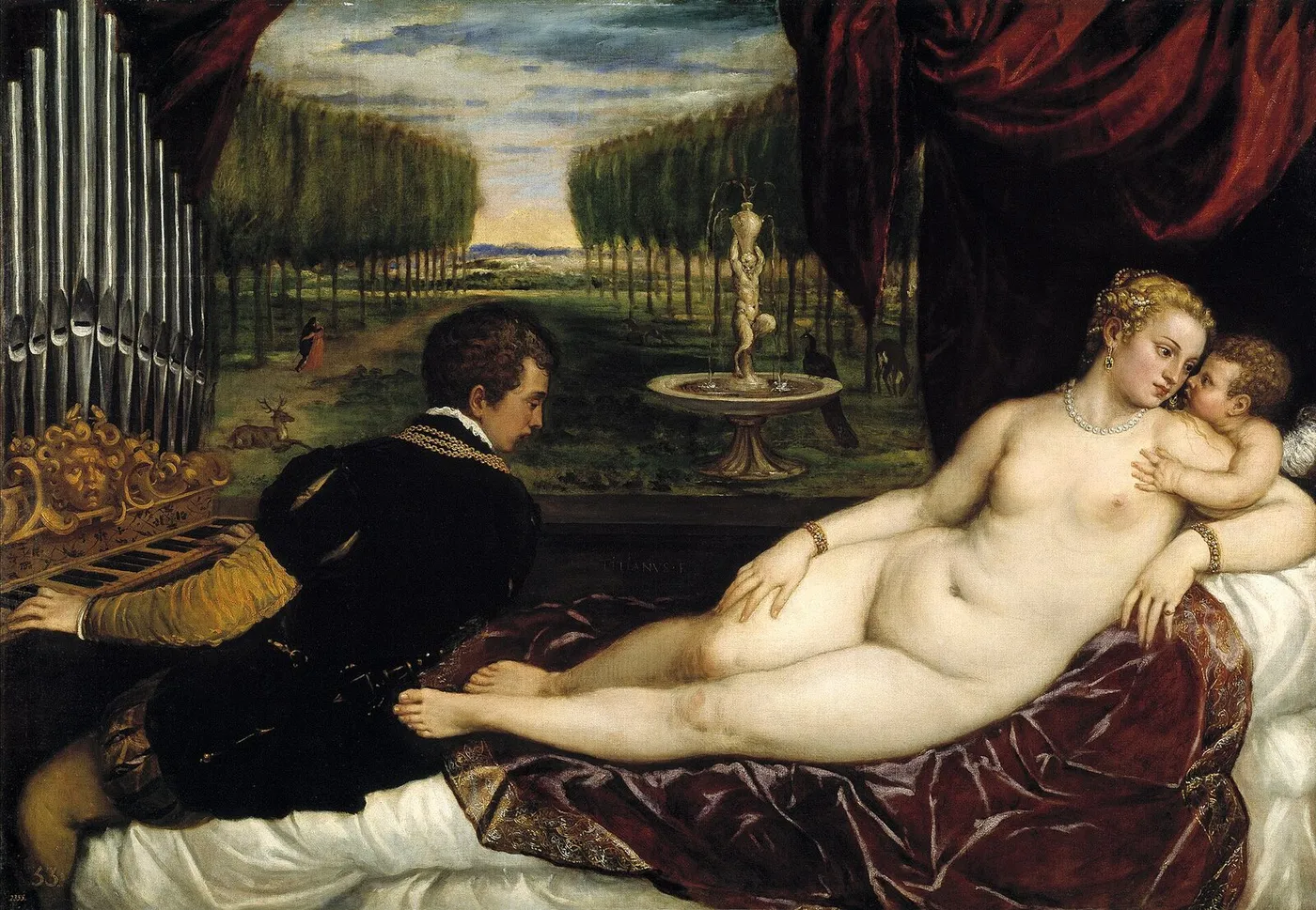 Venus with an Organist and Cupid (1555) by Titian — original painting reproduced as a hand-painted oil on canvas