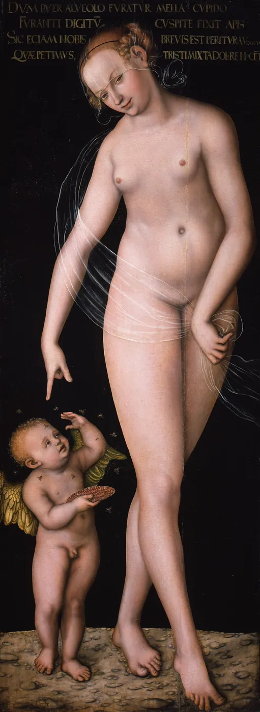 Venus with Cupid stealing honey (1537) by Lucas Cranach the Elder — original painting reproduced as a hand-painted oil on canvas