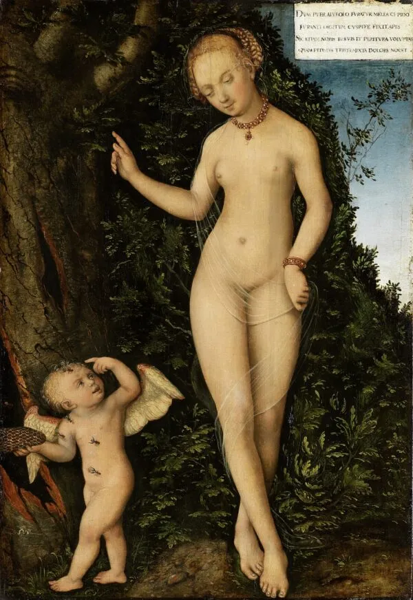 Venus with Cupid the Honey Thief (1537) by Lucas Cranach the Elder — original painting reproduced as a hand-painted oil on canvas
