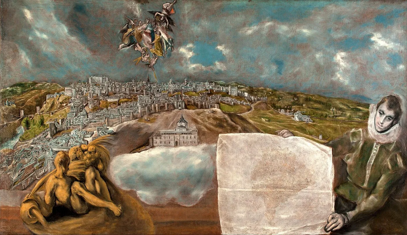 View and Plan of Toledo (1610) by El Greco — original painting reproduced as a hand-painted oil on canvas