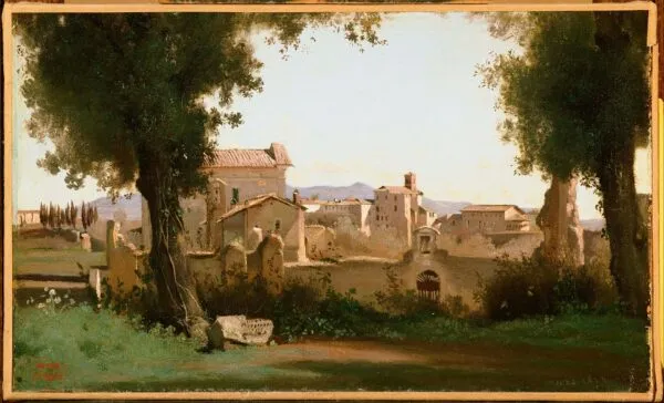 View from the Farnese Gardens, Rome (1826) by Jean-Baptiste Camille Corot — original painting reproduced as a hand-painted oil on canvas