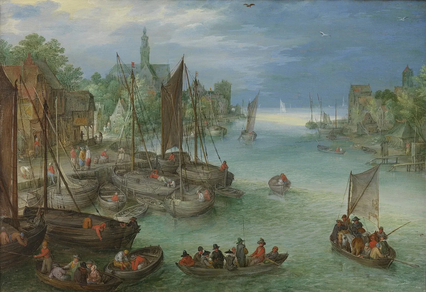 View of a City along a River (1630) by Jan Brueghel the Elder — original painting reproduced as a hand-painted oil on canvas
