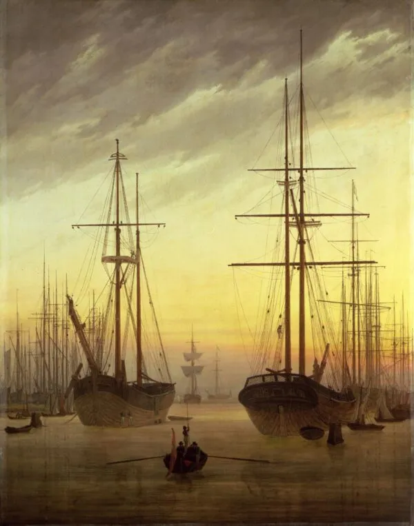 View of a harbour (1814) by Caspar David Friedrich — original painting reproduced as a hand-painted oil on canvas