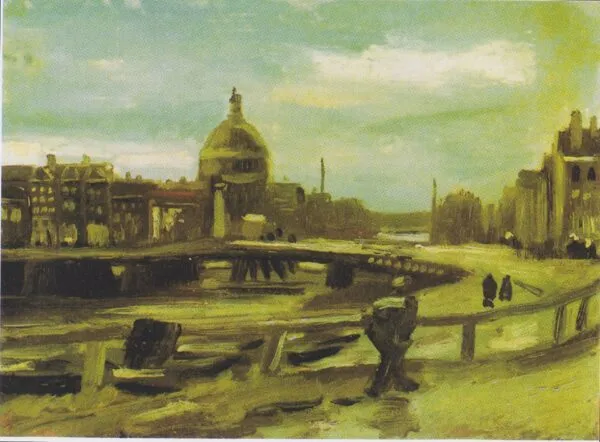 View of Amsterdam from Central Station (1885) by Vincent van Gogh — original painting reproduced as a hand-painted oil on canvas