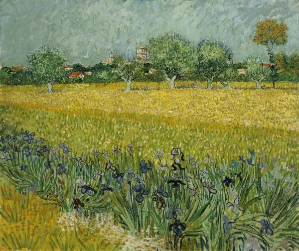 View of Arles with Irises in the Foreground (1888) by Vincent van Gogh — original painting reproduced as a hand-painted oil on canvas