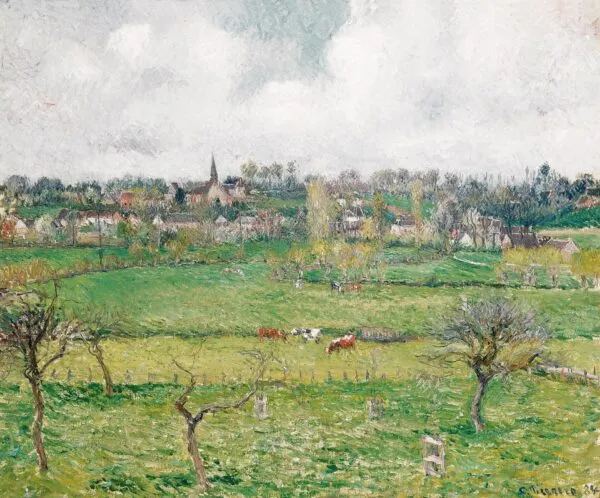 View of Bazincourt, Clear Sky (1884) by Camille Pissarro — original painting reproduced as a hand-painted oil on canvas