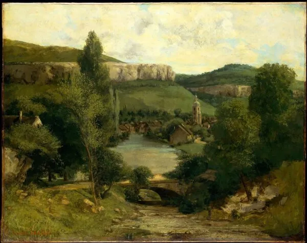 View of Ornans (1855) by Gustave Courbet — original painting reproduced as a hand-painted oil on canvas