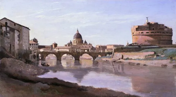 View of Rome: The Bridge and Castel Sant'Angelo with the Cupola of St. Peter's (1826) by Jean-Baptiste Camille Corot — original painting reproduced as a hand-painted oil on canvas