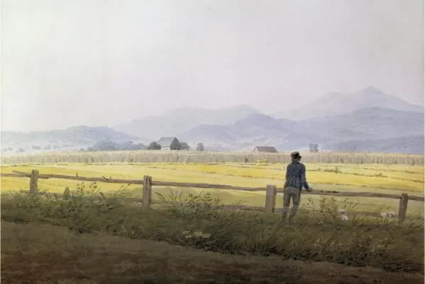 View of Schmiedebergerkamm (1837) by Caspar David Friedrich — original watercolour reproduced as a hand-painted oil on canvas