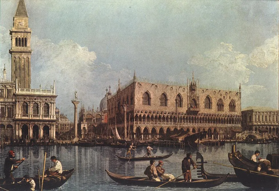 View of the Bacino di San Marco from the Punta della Dogana (1743) by Canaletto — original painting reproduced as a hand-painted oil on canvas