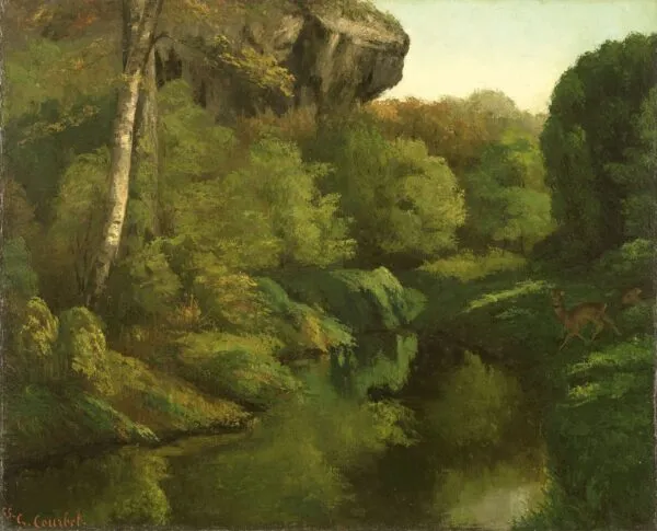 View of the Forest of Fontainebleau (1855) by Gustave Courbet — original painting reproduced as a hand-painted oil on canvas