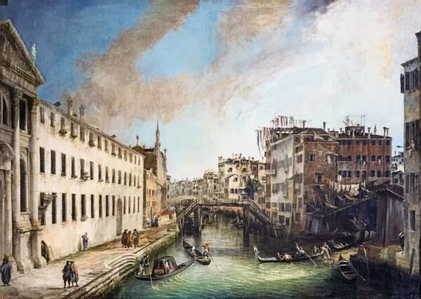 View of Venice: Rio dei Mendicanti (1723) by Canaletto — original painting reproduced as a hand-painted oil on canvas