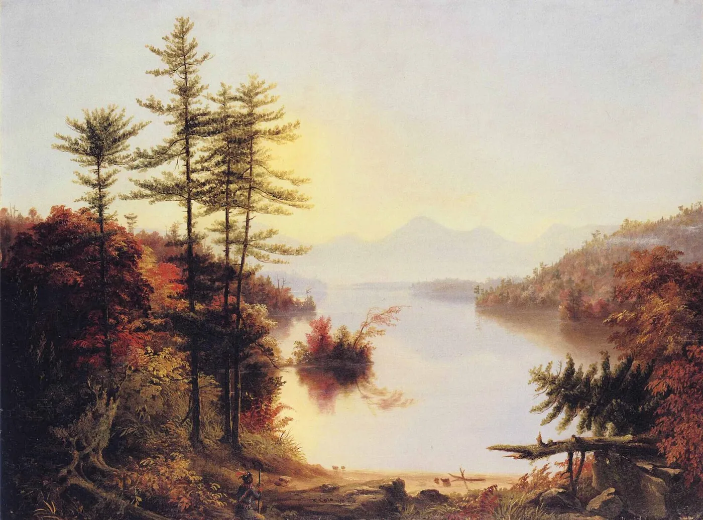 View on Lake Winnipiseogee (1828) by Thomas Cole — original painting reproduced as a hand-painted oil on canvas
