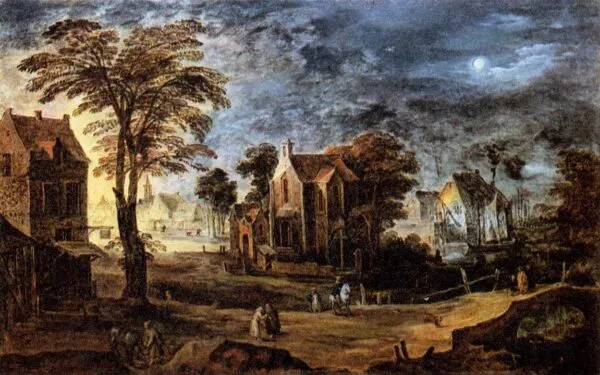 Village at Full Moon (1620) by Jan Brueghel the Elder — original painting reproduced as a hand-painted oil on canvas