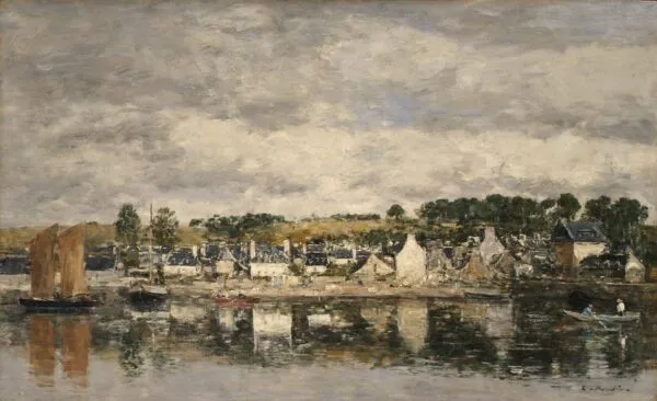 Village by a River (1867) by Eugène Louis Boudin — original painting reproduced as a hand-painted oil on canvas