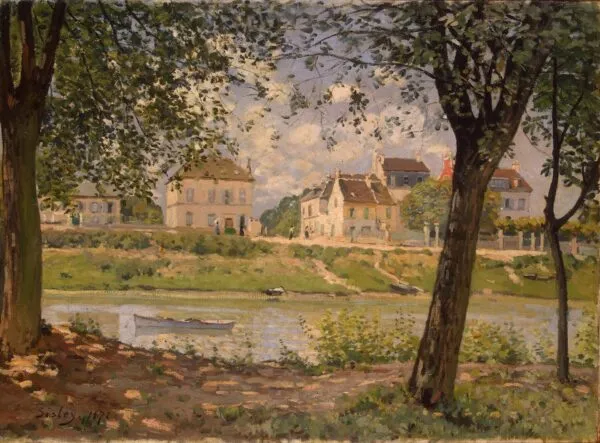 Village on the Banks of the Seine (1872) by Alfred Sisley — original painting reproduced as a hand-painted oil on canvas