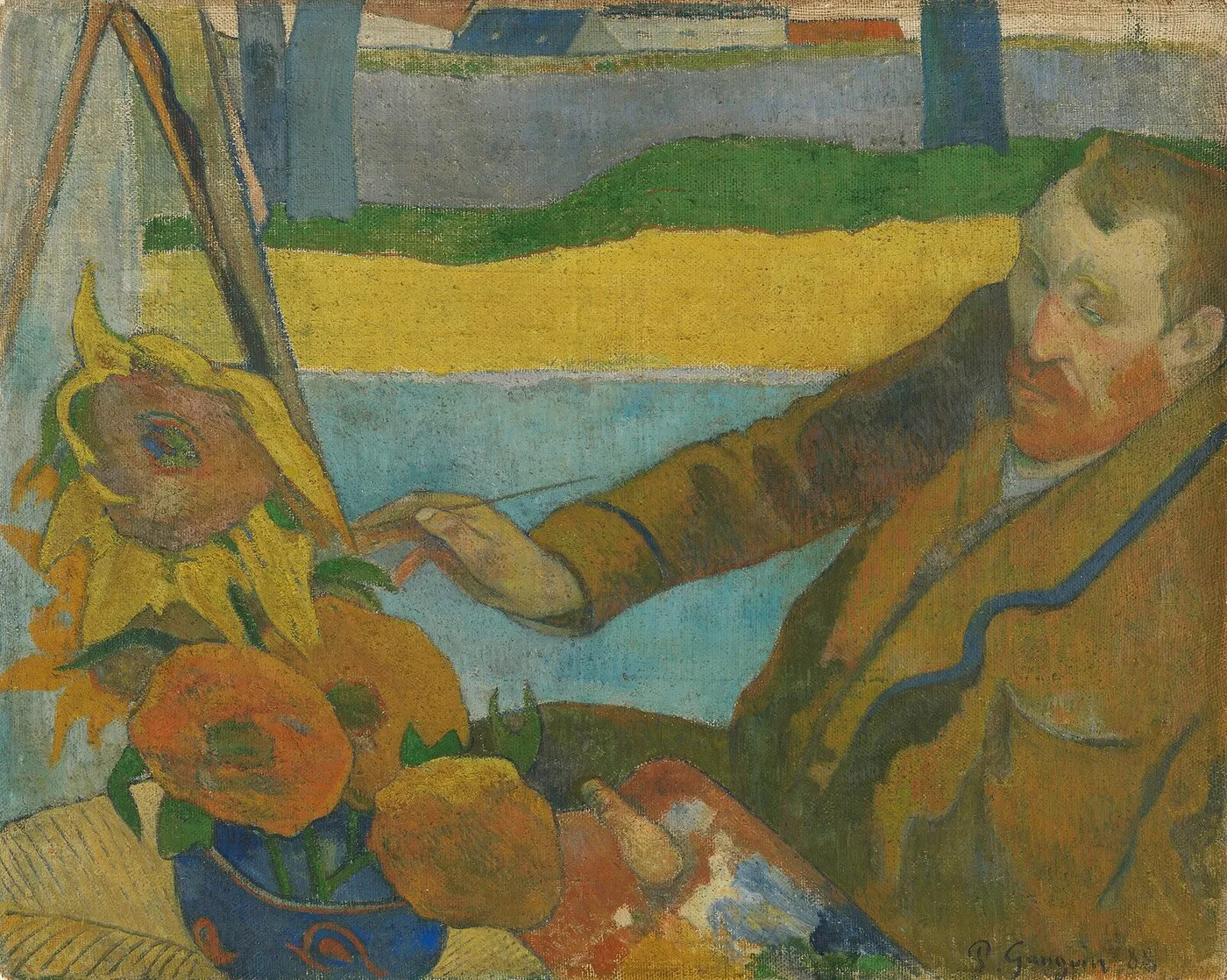 Vincent van Gogh Painting Sunflowers (1888) by Paul Gauguin — original painting reproduced as a hand-painted oil on canvas