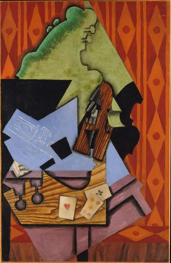 Violin and Playing Cards on a Table (1913) by Juan Gris — original painting reproduced as a hand-painted oil on canvas