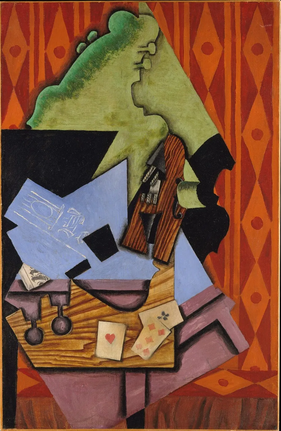 Violin and Playing Cards on a Table (1913) by Juan Gris — original painting reproduced as a hand-painted oil on canvas