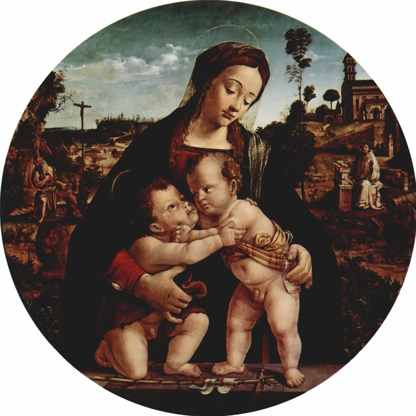 Virgin and Child with Infant John the Baptist (1489) by Piero di Cosimo — original painting reproduced as a hand-painted oil on canvas