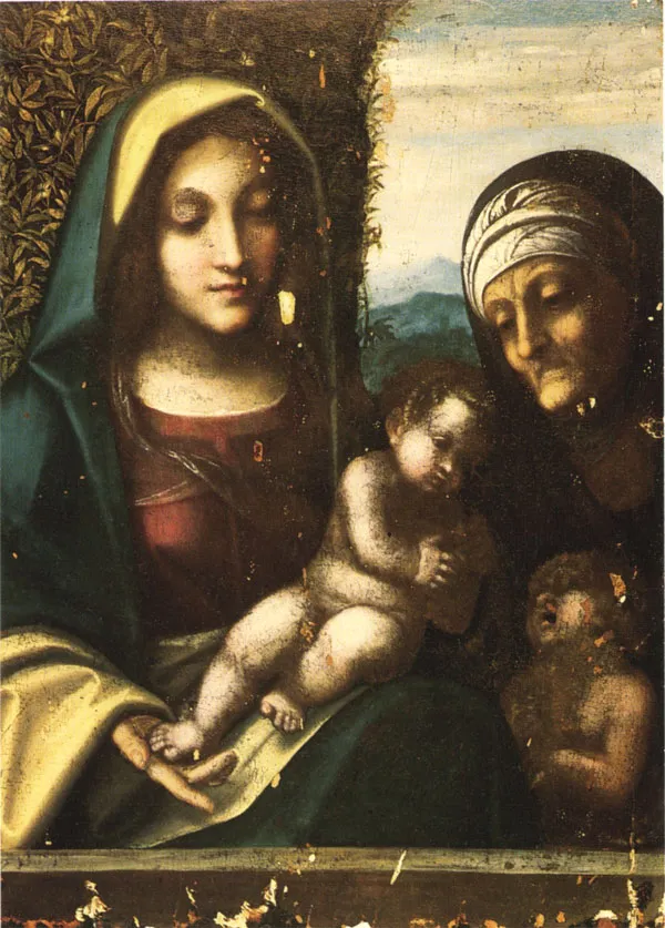 Virgin and Child, with Saint Elizabeth and the Young Saint John the Baptist (1510) by Antonio da Correggio — original painting reproduced as a hand-painted oil on canvas
