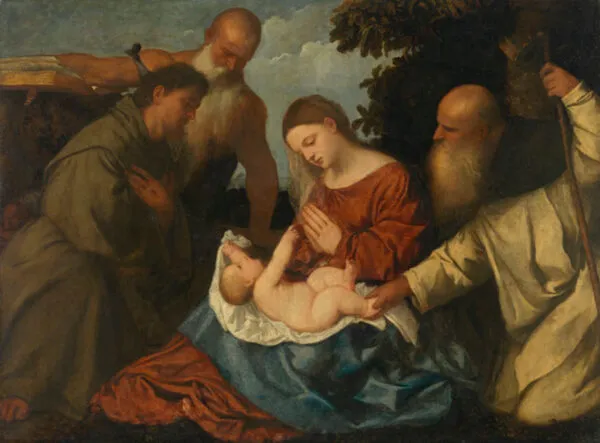Virgin and Child with Saints Anthony Abbot, Jerome and Francis (1519) by Titian — original painting reproduced as a hand-painted oil on canvas